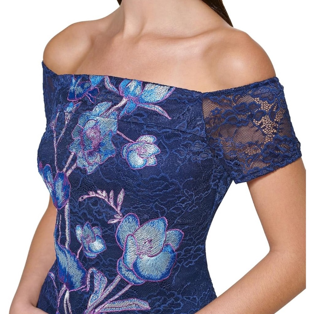 GUESS Women's Off The Shoulder Printed Embroidered Mesh Dress - Picture 7 of 7